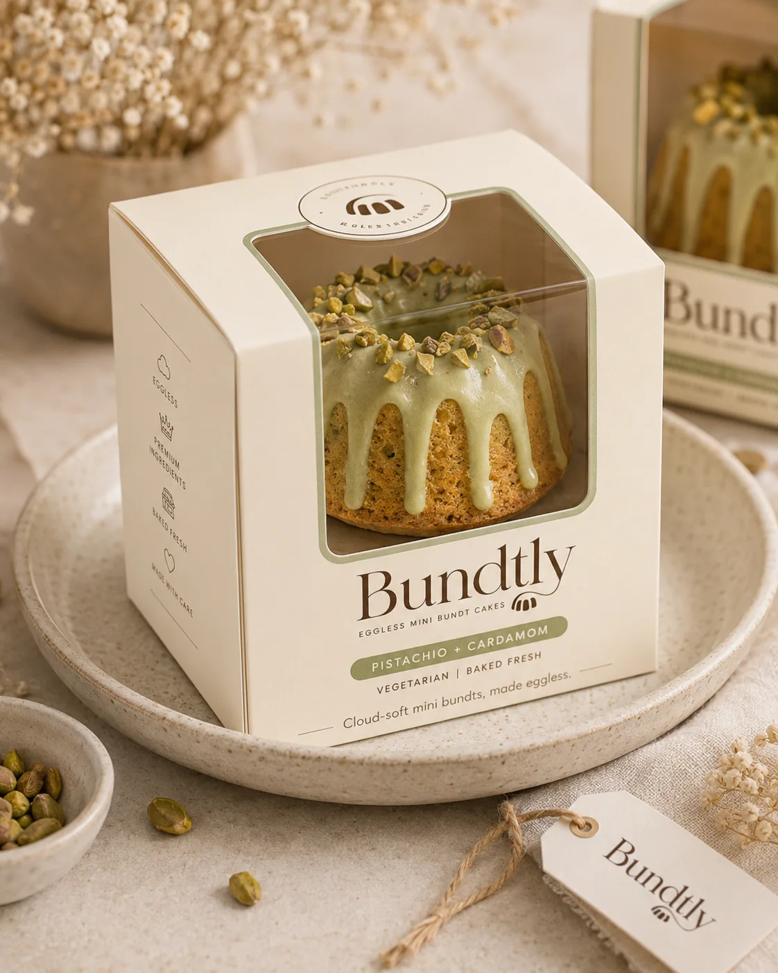 Bundtly pistachio cardamom mini bundt in packaging